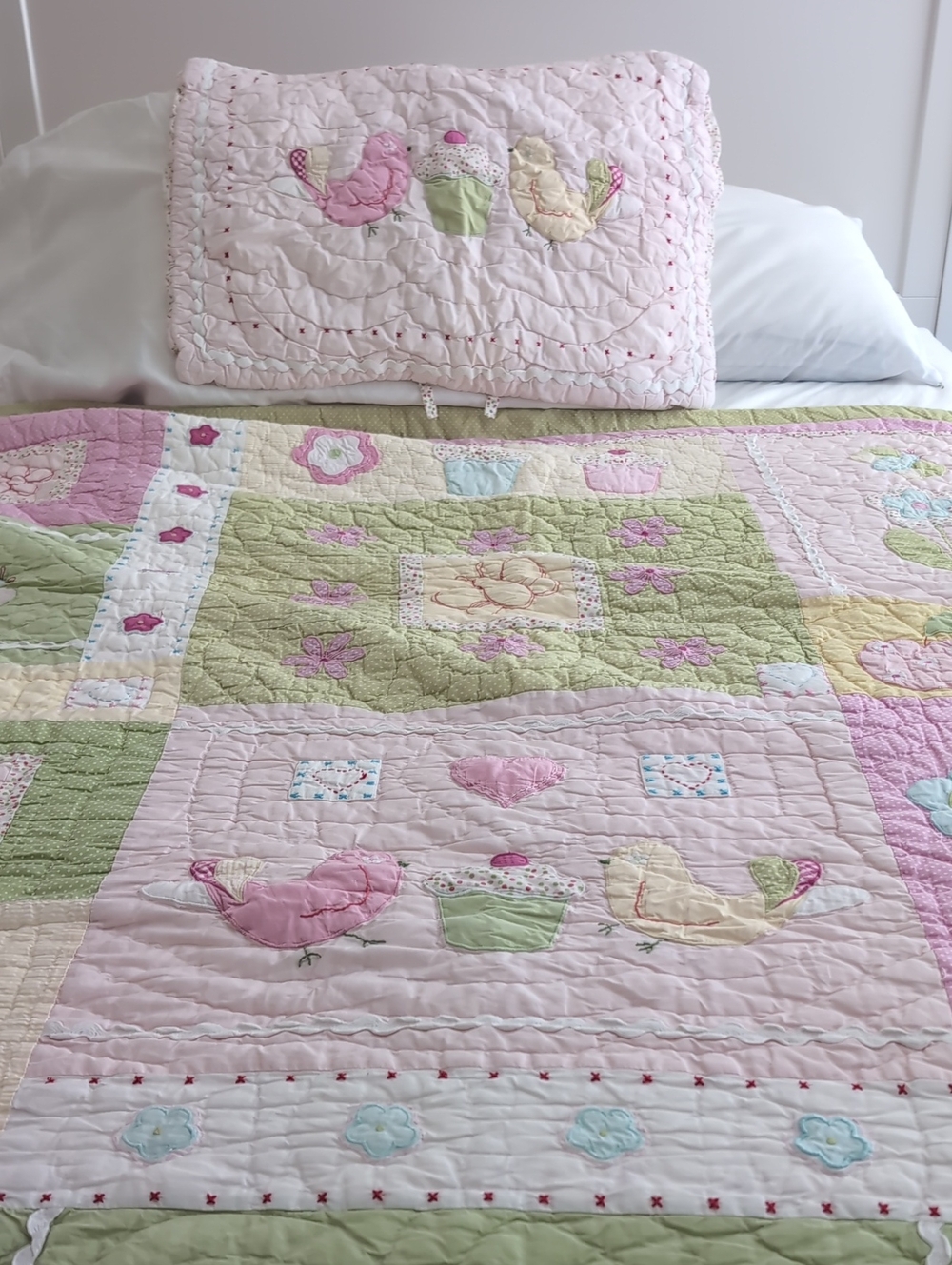 Children's Pink and Green Patchwork Quilt Set - Floral & Bird Appliqué